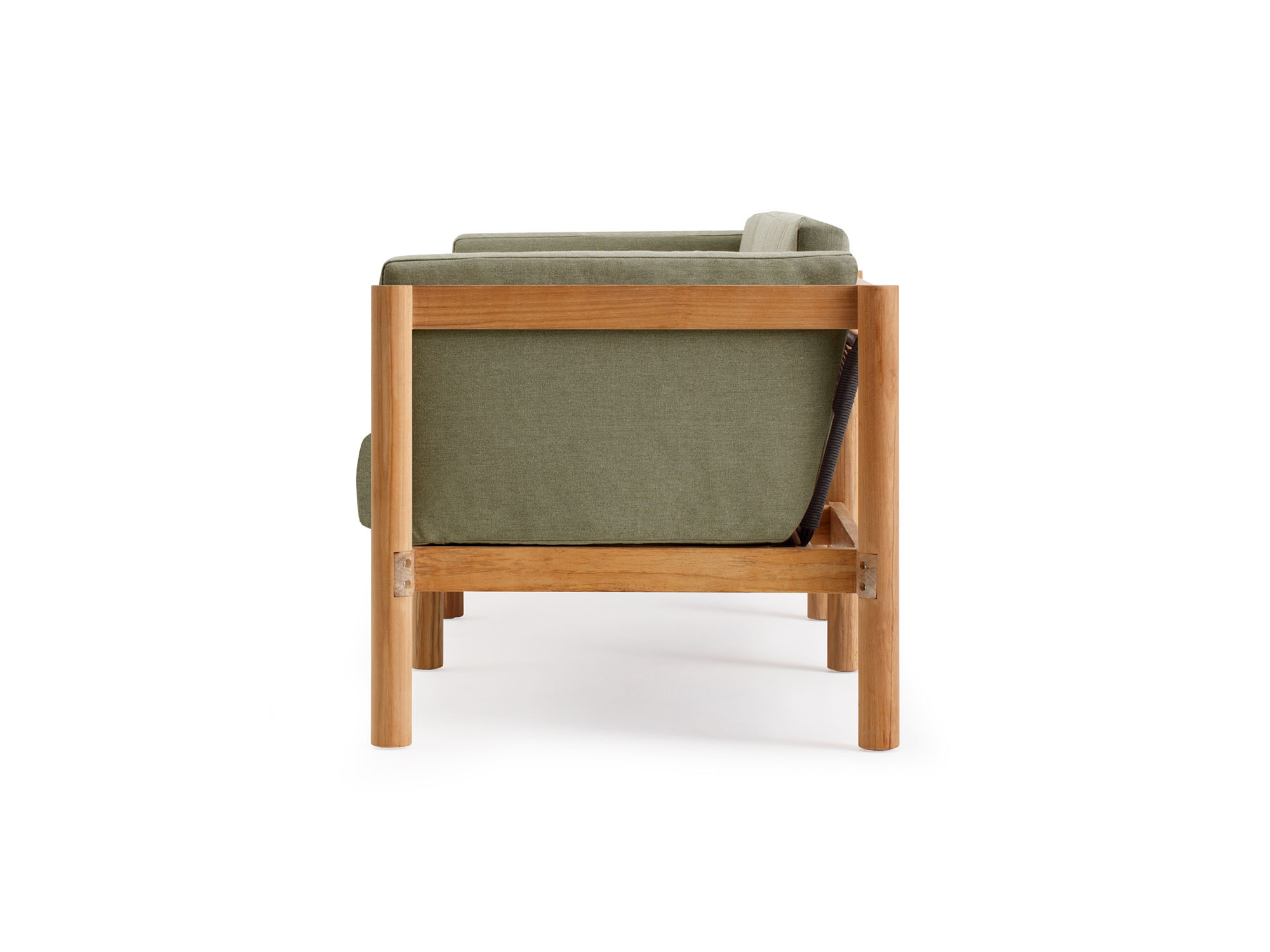 Side view of outdoor sofa with green arm cushions